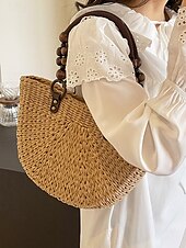 levne Kabelky a tote tašky-dámská ručně tkaná taška ze slámy – boho letní plážová kabelka s dřevěnými korálkovými uchy, ležérní velkokapacitní taška přes rameno na dovolenou, nákupy a cestování
