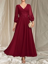 abordables Longueur du thé-Robe Mère de la Mariée A-Line Invité de Mariage Élégante Col en V Mi-Longue en Chiffon À Manches Longues avec Perles Appliques Robe Midi 2025