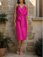 abordables Robes de cocktail-Robe cocktail fourreau  colonne robe invitée de mariage robe formelle de mariage longueur thé sans manches décolleté en V robe jaune satin avec nœud(s)