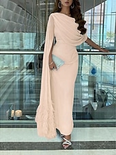 preiswerte BLAU-Sheath Abendkleid elegantes Kleid formelles Fall-Sweep-/Pinselzug ärmelloses Cowl-Ausschnitt Chiffon mit Feder Raffung Schlitz 2025