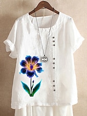 cheap Shirts-Women&#039;s 100% Cotton Blouse Vintage Casual Crew Neck Daily Going out Buttons Print Maroon Grass Green White Purple