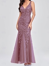 abordables Longueur du plancher-Sirène / Trompette Robes pour invités de mariage Élégant Robe robe demoiselle d honneur Longueur au sol Sans manches Col en V Dentelle avec Appliques 2025