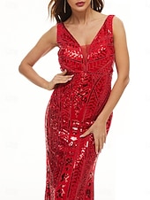 preiswerte Bodenlänge-Kleid Mutter der Braut Kleid Elegantes Partykleid V-Ausschnitt Bodenlänge Polyester Ärmellos mit Pailletten