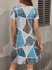 tanie Sukienki w paski i geometryczne-Mini sukienka dla kobiet sukienka w kształcie litery A sukienka T-shirt sukienka letnia stylowa casual codziennie regularny krój graficzna geometryczna krótki rękaw okrągły dekolt niebieska fioletowa
