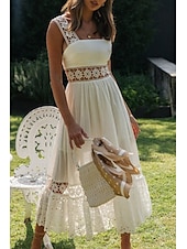 cheap White Graduation Dresses-Women&#039;s Midi Dress White Dress Graduation Dress Elegant Fashion Modern Vacation Birthday Going out Regular Fit Plain Sleeveless U Neck White Summer