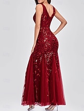 abordables Longueur du plancher-Sirène / Trompette Robes pour invités de mariage Élégant Robe robe demoiselle d honneur Longueur au sol Sans manches Col en V Dentelle avec Appliques 2025
