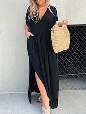 preiswerte Blumenkleider-Damen Langes Kleid Maxikleid Weißes Kleid Freizeitkleid Schwingkleid Sommerkleid Mode Modern Täglich Ferien Strand Normale Passform Einfach Kurzarm V Ausschnitt Burgunderrot Marineblau Braun Aprikose