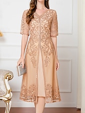 preiswerte Teelänge-Kleid Brautmutterkleid Hochzeitsgast Elegant Chinesischer Stil V Ausschnitt Knielang Polyester Baumwollmischung Halbarm mit Stickerei 2025