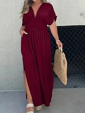 preiswerte Blumenkleider-Damen Langes Kleid Maxikleid Weißes Kleid Freizeitkleid Schwingkleid Sommerkleid Mode Modern Täglich Ferien Strand Normale Passform Einfach Kurzarm V Ausschnitt Burgunderrot Marineblau Braun Aprikose