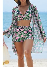 abordables Maillots de bain trois pièces-Femmes Maillots de Bain Trois Pièces Shorts Maillot de bain Tropical Tenues de plage Fleur Fil en V manche longue Maillots de bain