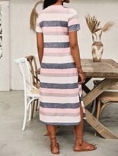 levne Pruhované a geometrické šaty-Ženské maxi šaty tričkové šaty T-shirt šaty A-line šaty dovolená každodenní regular fit grafický geometrický krátký rukáv V výstřih růžová léto jaro podzim