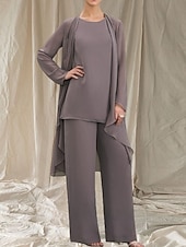baratos Comprimento do chão-Macacão  Conjunto de Calça 3 Peças Mãe da Noiva Vestido de Convidada de Casamento Elegante Gola Redonda Comprimento Total Chiffon Manga Longa com Babados