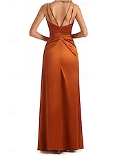 cheap Bridesmaid Dresses-A-Line Bridesmaid Dress V Neck / Spaghetti Strap Sleeveless Elegant Floor Length Satin with Split Front / Ruching
