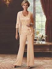 preiswerte Hosenanzüge für Mama-Strand Hochzeits-Jumpsuits Mutter der Braut Hochzeitsgast Eleganter Rundhalsausschnitt Knöchellang Chiffon Langarm mit Spitze 2025 kostenlose Maßanfertigung