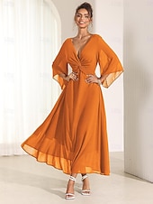 economico Abiti da festa-abito da cocktail per invitati a nozze da donna in chiffon tinta unita con volant intrecciato elegante abito lungo estivo scollo a V svasato manica a 3/4
