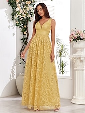 economico Semi-formale / Cocktail-Abiti A-Line per Quinceanera abito elegante matrimonio invitata a matrimonio lunghezza fino al pavimento senza maniche scollo a V in pizzo con pieghe