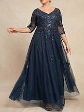 cheap Floor Length-A-Line Mother of the Bride Dress Wedding Guest Elegant V Neck Floor Length Lace Tulle 3/4 Length Sleeve with Beading Appliques 2025
