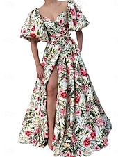 economico Abito Floreale-Abito Plus Size Maxi Donne A Line Abito Spalle Scoperte Abito Maniche Voluminose Vacanza Maniche Voluminose Quotidiana Festa Vestibilità Su Misura Grafica Maniche Corte Collo a V Verde Estate