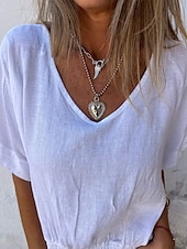 abordables Chemises-Blouse Femme en Coton Lin Couleur Unie Stylée Décontractée Manches Courtes Col en V Tops Quotidiens Patchwork Noir Blanc Marron Clair Abricot Été Printemps