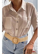 preiswerte Hemden-Damen Hemd Baumwoll-Leinen-Hemden Knopfleiste Bluse Einfach Basic Lässig Kurzarm Hemdkragen Normale Oberteile Ferien Ausgehen Knöpfe Tasche Schwarz Weiß Marineblau Khaki Grau Sommer