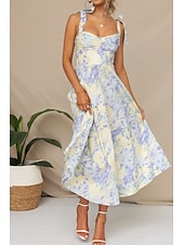 ieftine Rochii florale elegante-Pentru femei Rochii Midi Rochie de absolvire Rochie florala Rochie Slip Rochie imprimata Modă În aer liber Vacanță Absolvire Fit regulat Floare Fără manșon Bretele Spagheti Albastru piscină Caisă Vară