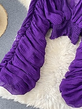 billiga Dressiga toppar-Dam Blus Chiffong toppar Slät Stylish Långärmad Puffärm V-hals Crop Tops Helgdag Utekväll Rynkad Svart Vit Purpur Grön Vår