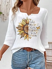 abordables Chemises-Blouse pour femmes Florale Léopard Élégante Lin comme Manches 3/4 Col en V Tops réguliers Quotidien Sortie Imprimé Blanc Été