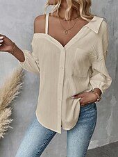preiswerte Damen Einfache Oberteile-Damen Hemd Einfarbig Stilvoll Lässig Langarm Hemdkragen Normale Oberteile Täglich Knöpfe Tasche Schwarz Weiß Grün Aprikose Sommer