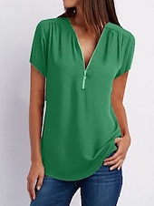 cheap Plain tee-Women&#039;s T Shirt Solid Color Plain Fashion Modern Casual Short Sleeve V Neck Regular Tops Daily Weekend Zipper Black White Pink Wine Royal Blue Summer