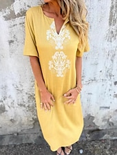 baratos vestidos estampados de algodão e linho-Vestido Maxi Feminino Vestido Shift Vestido de Verão Casual Diário Ajuste Regular Floral Manga Curta Gola Corte Notch Branca Amarela Rosa Vermelha Verão