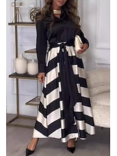 cheap Work Dresses-Women&#039;s Long Dress Maxi Dress Cocktail Dress Fashion Tea Party Going out Weekend Regular Fit Striped Long Sleeve V Neck Black Wine Summer