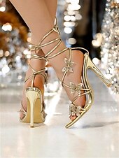 Χαμηλού Κόστους Σανδάλια με τακούνι-Γυναικεία πέδιλα στιλέτο με κορδόνια πεταλούδα – ψηλοτάκουνα στρας για πάρτι και χορό