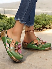 preiswerte Urlaubsandalen-Damen-Clogs aus geblümtem Leder – handgefertigte Slip-On-Pantoletten mit Keilabsatz und Cut-out-Design im Bohème-Stil für Freizeitkleidung und Komfort im Freien
