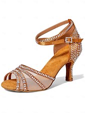 billige Sko til latindans-kvinners glitrende ballroomsandaler - peep toe, mesh-stropper, mellomhæl, latin salsa tango sko for konkurranse og fest