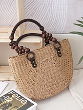 levne Kabelky a tote tašky-dámská ručně tkaná taška ze slámy – boho letní plážová kabelka s dřevěnými korálkovými uchy, ležérní velkokapacitní taška přes rameno na dovolenou, nákupy a cestování