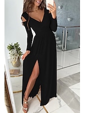 preiswerte Kleider für den-Damen kleid lang Ballkleid abendkleider Elegant Modisch Party Besondere Anlässe Regular Fit Glatt Langarm V Ausschnitt Schwarz Rote Blau Grün Sommer