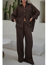 cheap Essential Faux Co-ord Sets-Women's Shirt Two Piece Sets Pants Sets Long Sleeve Shirt Collar Solid Color Dubbele Rij Knopen Fashion Basic Vacation Casual Daily White Red Dark Navy Summer Regular Fit