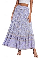 billiga Grafiska kjolar-Dam Kjol Gunga Ledigt Boho Maxi Mellanhög midja Kjolar Blommig Mönster Microelastisk Semester Gata Äppelgrå Violett Svart Mandel Sommar Polyester