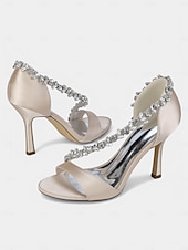 abordables Sandales de Robe-Escarpins à talons hauts en satin champagne pour femmes avec bride en T en cristal – élégants talons aiguilles à bout ouvert pour cocktails et événements formels