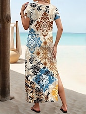 ieftine Rochii boho-Rochie maxi pentru femei Rochie A Line Rochie T Shirt Rochie Tee Vacanță Casual Plajă Ajustare Regulată Grafic Floral Tribal Mâneci Scurte Gât Crew Bej Vară