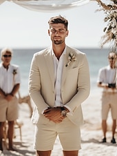 billige Bryllupsdresser-Menn Smokings Lindresser Strandbryllup Himmelblå Kakifarget Sommer Dress Hakkjakkeslag Mote Daglig Ensfarget Standard passform 2-delt sett Enkelt Brystet To-knapp