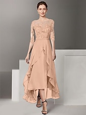voordelige Vloerlengte-A-Lijn Moeder van de Bruid Jurk Formele Bruiloft Gast Elegante Hoog Laag Off Schouder Enkel Lengte Chiffon Kant Half Mouw met Plooien Applicaties gratis op maat