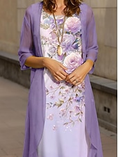 cheap Floral Dress-Women&#039;s Graduation Midi Dress 2 Pieces Dress Set A Line Dress Summer Dress Vacation Casual Floral Graphic Pleated Print Half Sleeve Crew Neck Vacation Daily Purple Spring Fall Regular Fit
