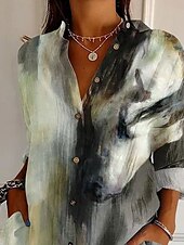 economico Top d&#039;Arte e Design per Donne-Per donna Camicia Ombre Grafico Tinta a nodi Casual Manica Lunga Colletto a Camicia Top Regolari Lavoro Quotidiano Bottoni Stampato Verde salvia Primavera Autunno Inverno