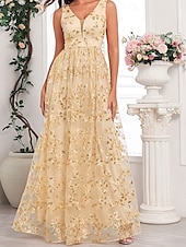 levne Večerní šaty-A-line quinceanera šaty elegantní šaty svatba svatební host dlouhé po zem bez rukávů V výstřih tyl bez zad se sklady