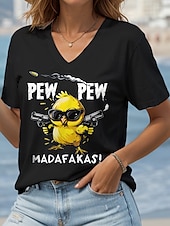 billige Humor og sitater t-skjorte-Dame Bluse Grafisk Dyr Tegneserie Fritid Kortermet V-hals Vanlige topper Daglig Ut på byen Strand Klær Trykt mønster Svart Hvit Sommer