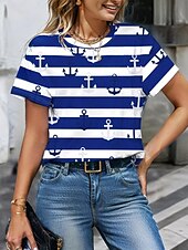 billige Stripe og geometrisk t-skjorte-Dame T skjorte Stripet Anker Fritid Kortermet Rund hals Vanlige topper Daglig Trykt mønster Marineblå Sommer
