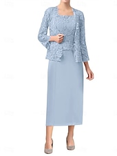 economico Sotto 129,99 $-Set di Abiti Madre della Sposa Abito da Ospite Matrimonio Elegante Semplice Collo Ampio Lunghezza Totale Poliestere Manica Lunga con Colore Solido