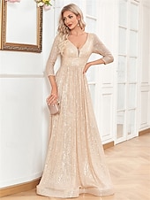 billiga Aftonklänningar-A-linjade Quinceanera Klänningar Elegant Klänning Bröllop Bröllop Gäst Golvlång 3/4 Lång Ärm V-hals Bomull med Strass