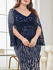 baratos AZUL-Vestido Plus Size Mãe da Noiva Vestido de Curvas Elegante Festa Decote em V Comprimento do Chão Spandex Manga Longa com Lantejoula 2025